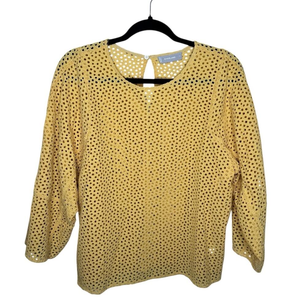 EVERLANE / mustard yellow eyelet lantern 3/4 flare sleeve blouse top / L